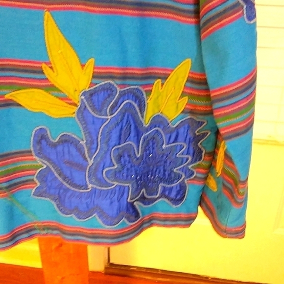 Chico's Blue Cotton Silk Flower Appliques Embroidered Beaded Size 2 Jacket Coat - Picture 4 of 7
